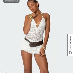 White Lace Halter Edikted Lanney Ruffled Sheer Lace Romper NEW with tags!